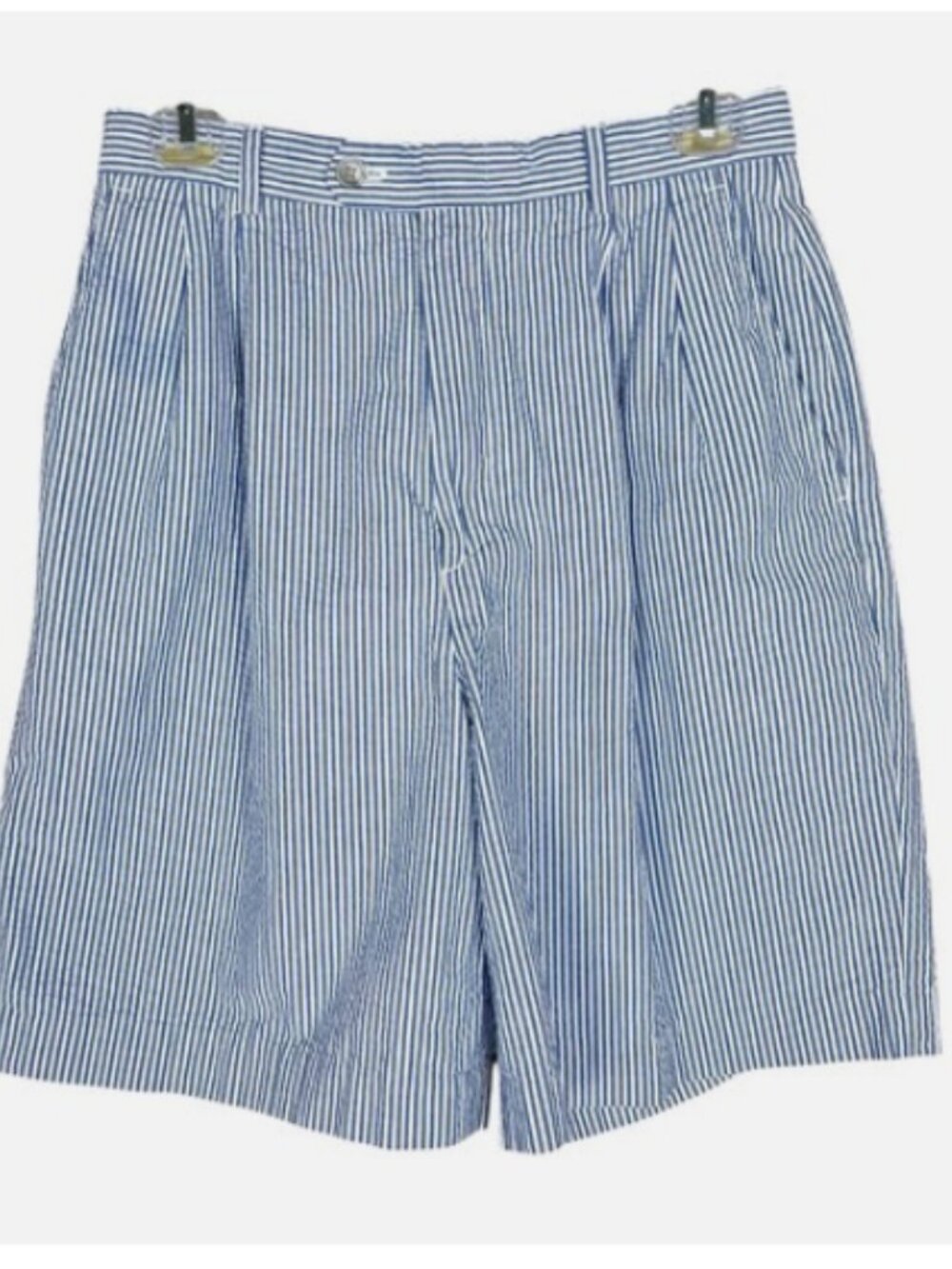 Lands End Women’s Sz 8 Seersucker High Waist Pleated Bermuda Shorts Blue Striped